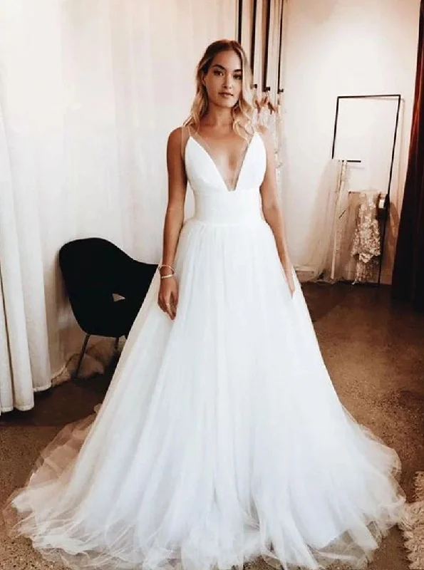 Big Savings Elegant White Plunge Neckline Tulle Simple Wedding Dresses OW618