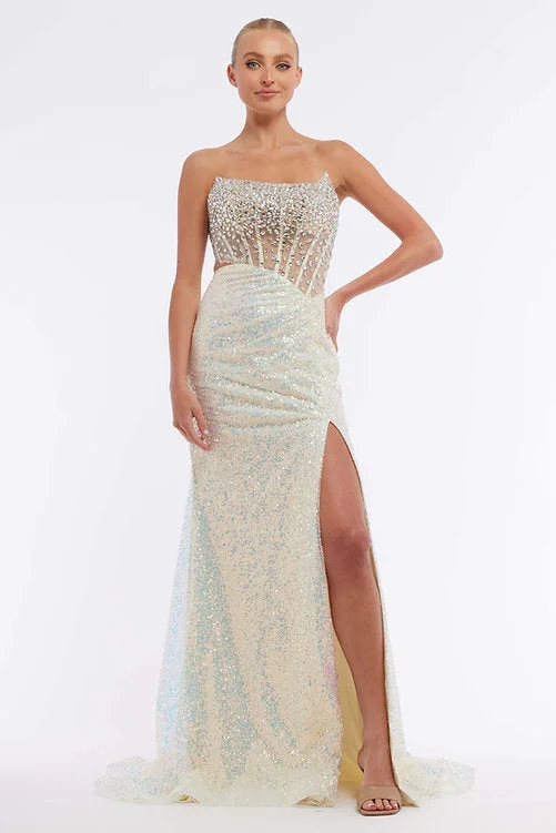 Relaxed Style Vienna Prom 8885 Size 4 Yellow Sheer Crystal Corset Sequin Prom Dress Slit Pageant Gown Ruched Waist Relaxed Style Vienna Prom 8885 Size 4 Yellow Sheer Crystal Corset Sequin Prom Dress Slit Pageant Gown Ruched Waist