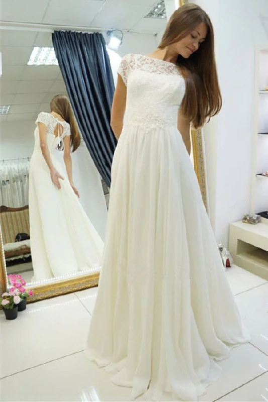 From Casual To Classy A Line Cap Sleeves Lace Sweep Train Beach Wedding Dress