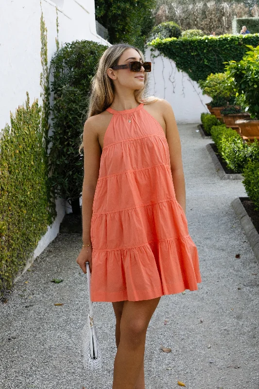 Lightweight Fabric Levitate Watermelon High Neck Tiered Mini Dress