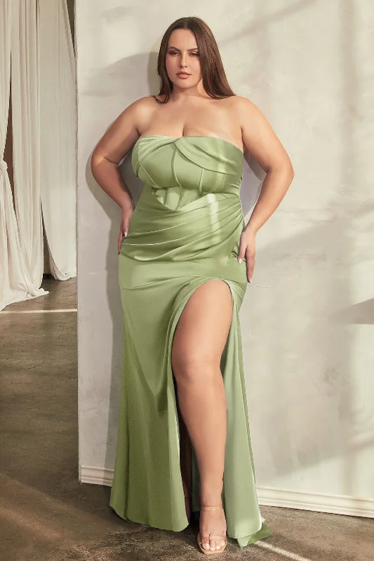 Eco Friendly Fashion Sale Plus Size Satin Strapless Corset Slit Gown by Ladivine CD326C Eco Friendly Fashion Sale Plus Size Satin Strapless Corset Slit Gown by Ladivine CD326C