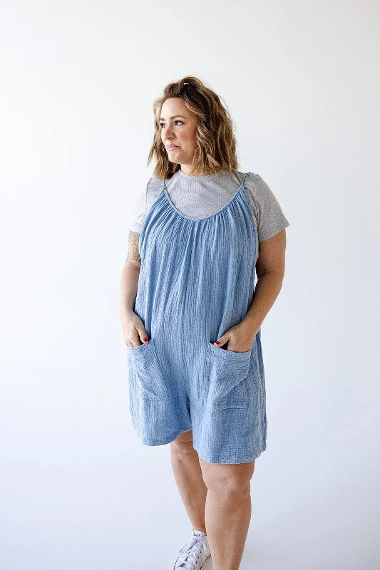 Score Big On Glamorous Red - Carpet Styles TEXTURED COTTON ROMPER IN CHAMBRAY