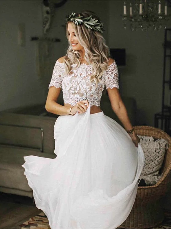 Elevated Style Two Pieces Boho Wedding Dress With Short Sleeves, Chiffon Beach Wedding Dresses OW657 Elevated Style Two Pieces Boho Wedding Dress With Short Sleeves, Chiffon Beach Wedding Dresses OW657