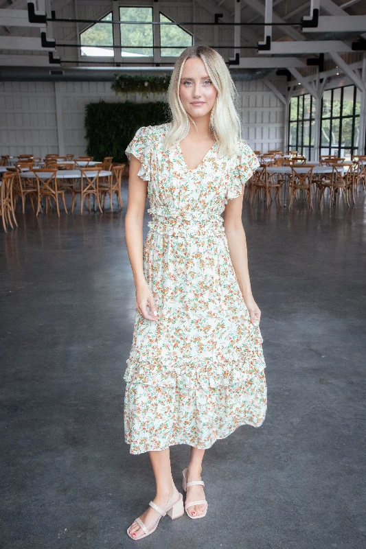 Discounts On Casual Weekend Styles Slow Travels Ruffle Midi Dress, Cream Multi | Sadie & Sage Discounts On Casual Weekend Styles Slow Travels Ruffle Midi Dress, Cream Multi | Sadie & Sage