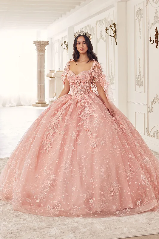 Summer Deals 3D Floral Strapless Cape Ball Gown by Ladivine 15719