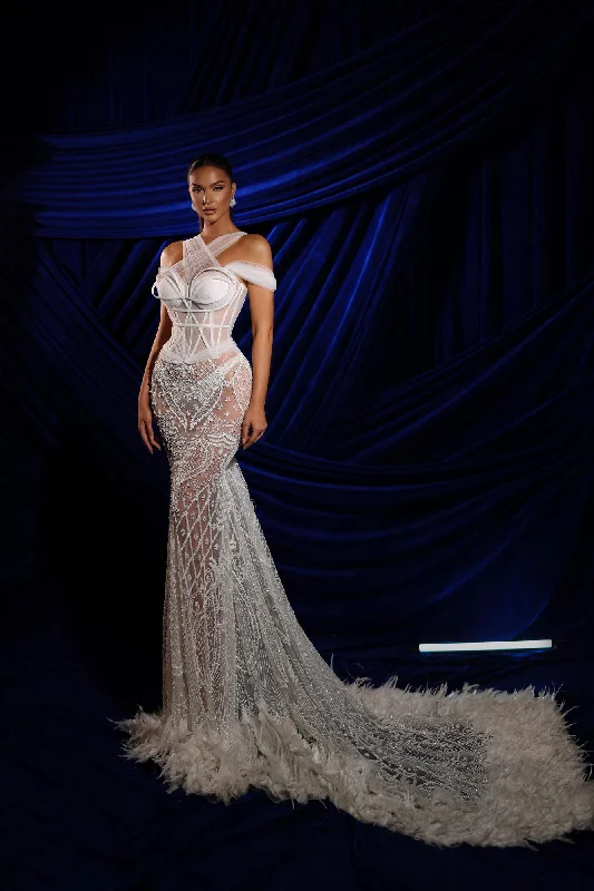 Coastal Beach - Inspired Style Boned Corset Lace Feathered Dress with Tulle Details Coastal Beach - Inspired Style Boned Corset Lace Feathered Dress with Tulle Details