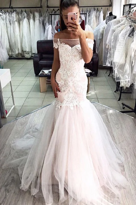 Effortless Grace Mermaid Off Shoulder Pink Long Wedding Dress with Appliques Prom Gown cg13791 Effortless Grace Mermaid Off Shoulder Pink Long Wedding Dress with Appliques Prom Gown cg13791