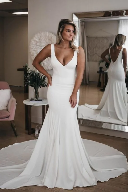 Feminine Soft - Hued Look Simple V Neck Mermaid prom Dress with Long Train, Sexy Backless Beach Wedding Dress cg2813 Feminine Soft - Hued Look Simple V Neck Mermaid prom Dress with Long Train, Sexy Backless Beach Wedding Dress cg2813