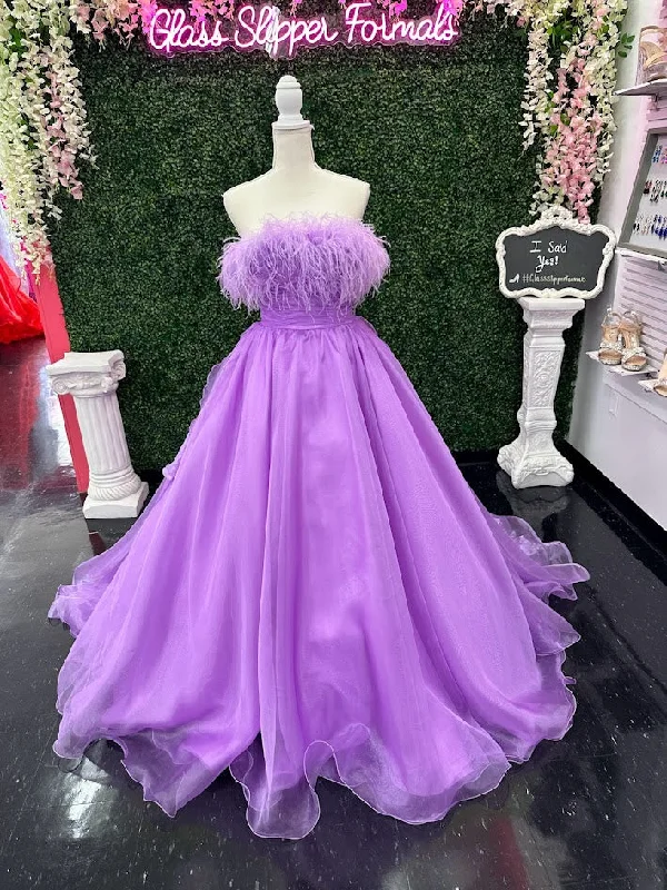 Find Your Unique Flair Johnathan Kayne 2739 Size 4 LILAC strapless feather neckline evening dress long organza A line gown