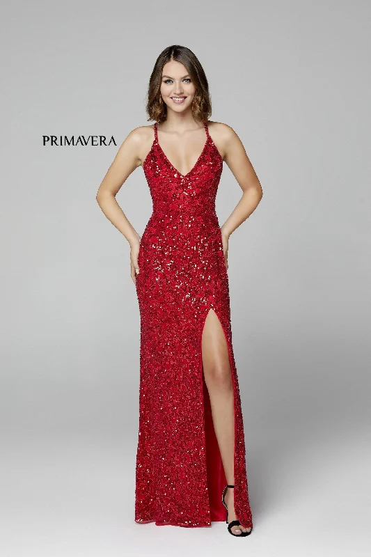 Evening Looks Primavera Couture 3295 Red Size 10 Prom Dress V Neckline Sequins Backless Slit Formal Evening Gown Evening Looks Primavera Couture 3295 Red Size 10 Prom Dress V Neckline Sequins Backless Slit Formal Evening Gown