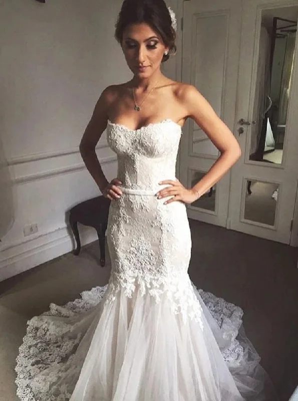 Fashion Forward Sweetheart Mermaid Tulle Wedding Dresses Lace Appliques Bridal Gown OW695 Fashion Forward Sweetheart Mermaid Tulle Wedding Dresses Lace Appliques Bridal Gown OW695