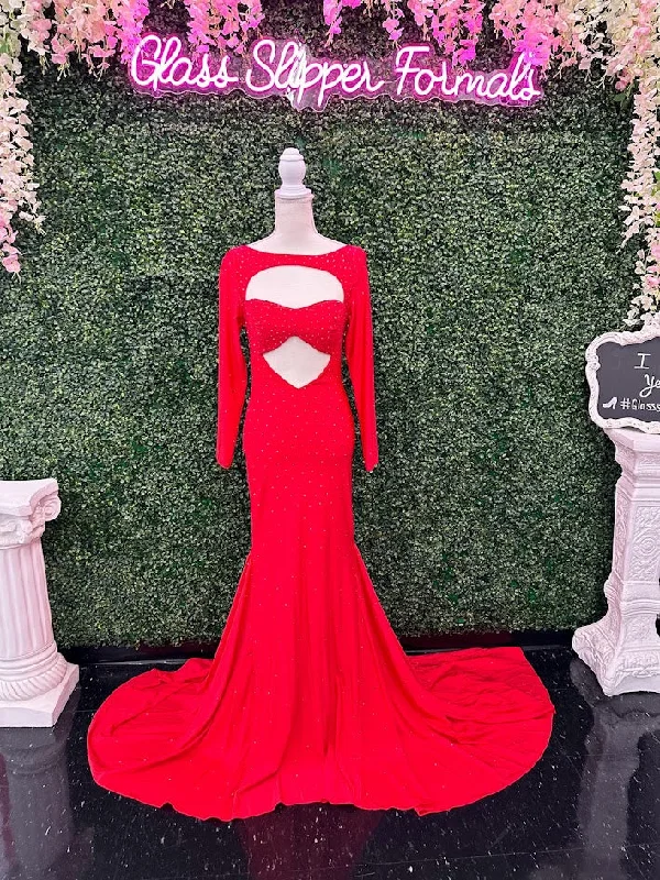 Elegant Ensemble Johnathan Kayne 2639 Size 4 Red Long Sleeve Fitted Cutout Formal Prom Dress Evening Gown Crystals Elegant Ensemble Johnathan Kayne 2639 Size 4 Red Long Sleeve Fitted Cutout Formal Prom Dress Evening Gown Crystals