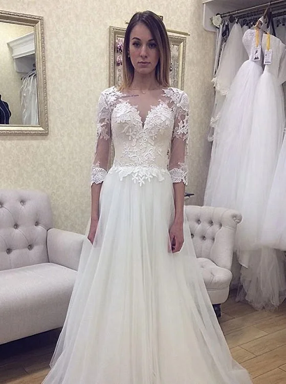 Casual Chic V Neck Lace Appliques 3/4 Sleeve Open Back Wedding Dresses OW679