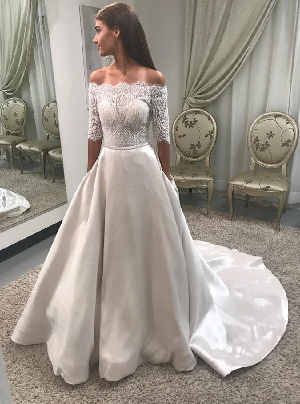 Shop Sale Items A-Line Off-Shoulder Half Sleeves Satin Wedding Dress With Pockets