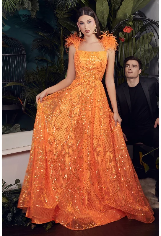 Limited - Edition Drops Ladivine KV1076 Size 2 Neon Orange Sequin Feather Prom Dress A Line Sheer Backless Formal Gown Limited - Edition Drops Ladivine KV1076 Size 2 Neon Orange Sequin Feather Prom Dress A Line Sheer Backless Formal Gown
