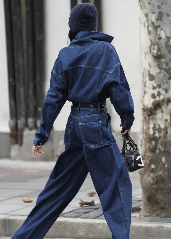 Classic Charm French Blue Peter Pan Collar Pockets Denim Jumpsuit Fall