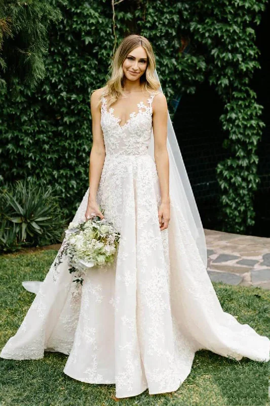 Stylish Savings Vintage Lace Wedding Gowns Illusion Neck Sleeveless Wedding Dresses with Train N1283