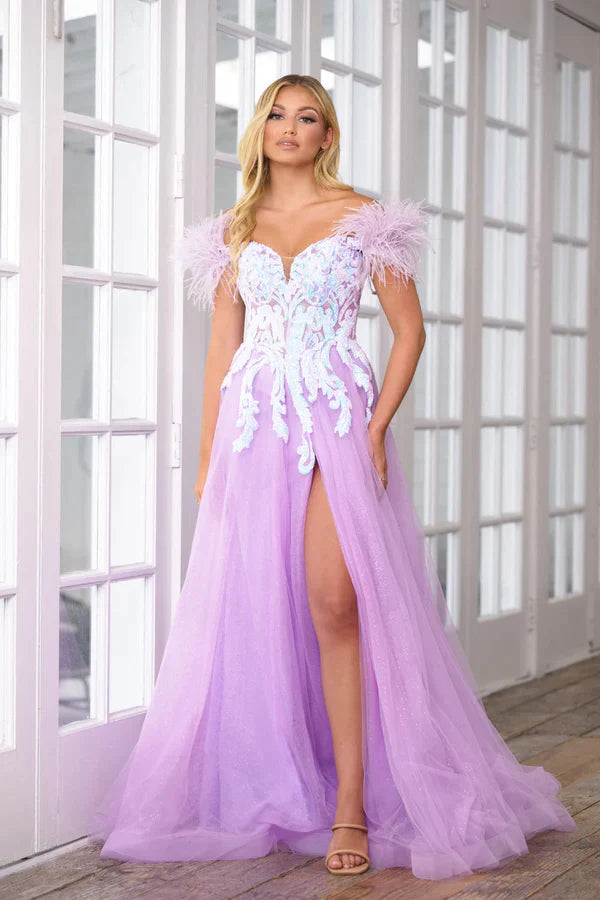 Luxe Women's Apparel Ava Presley 39213 Size 14 Lilac A Line off the shoulder Shimmer Feather Prom Dress Slit Sequin Gown Luxe Women's Apparel Ava Presley 39213 Size 14 Lilac A Line off the shoulder Shimmer Feather Prom Dress Slit Sequin Gown
