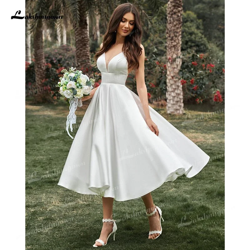Big Discounts Roycebridal A-Line/Princess Spaghetti Strap Wedding Dress Ruffles V-neck Sleeveless Soft Satin Tea-Length Backless Simple vestidos de novia Big Discounts Roycebridal A-Line/Princess Spaghetti Strap Wedding Dress Ruffles V-neck Sleeveless Soft Satin Tea-Length Backless Simple vestidos de novia