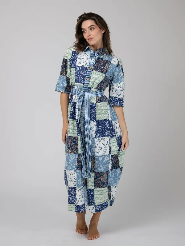 Feminine Soft - Hued Styles Quilted Maxi Dress in Blue Squares