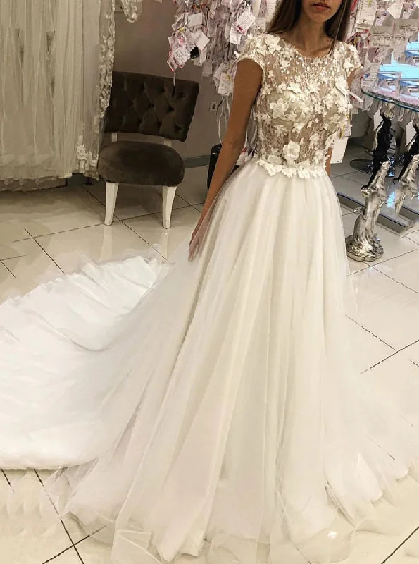 Casual Chic Clothing Round Neck Tulle Lace Appliques Long Wedding Dresses With Cap Sleeves OW676 Casual Chic Clothing Round Neck Tulle Lace Appliques Long Wedding Dresses With Cap Sleeves OW676