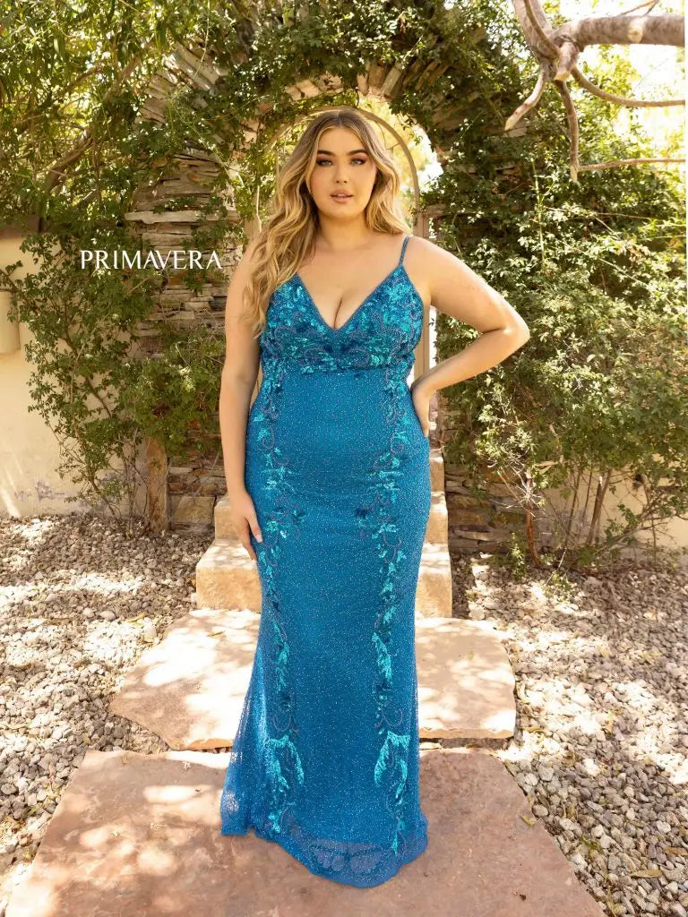 Save On Inspired Styles Primavera Couture 14005 Size 22 Peacock Long Beaded Sequin Fitted Plus Size Prom Dress Formal Gown Save On Inspired Styles Primavera Couture 14005 Size 22 Peacock Long Beaded Sequin Fitted Plus Size Prom Dress Formal Gown