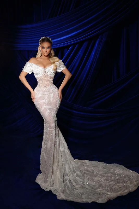 Classic Charm Off Shoulders Satin Beaded Mermaid Dress