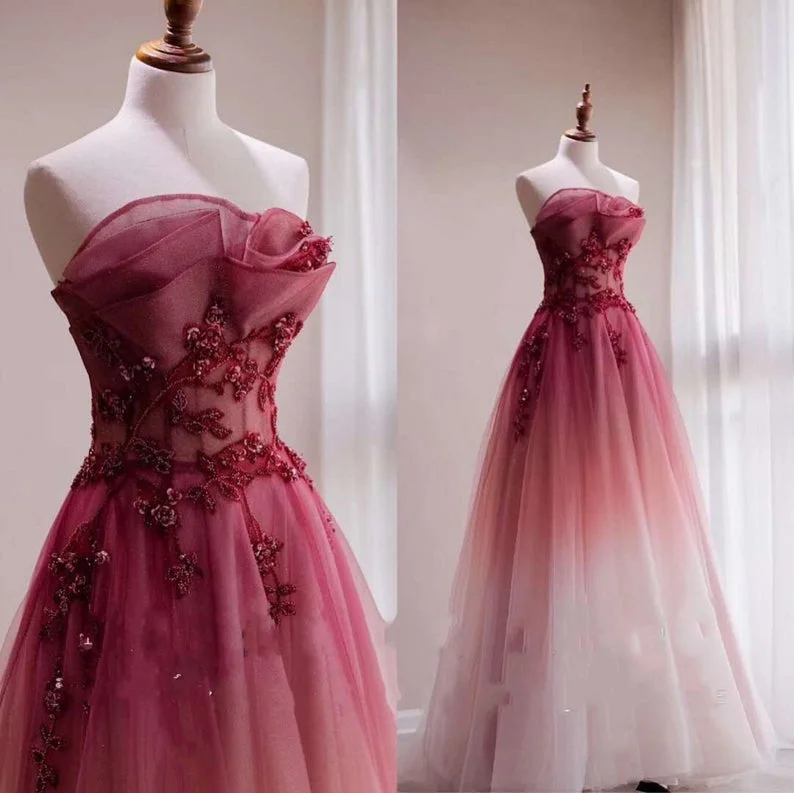 Exclusive Sale Red Gradient Prom Dress Vintage Strapless Red Wedding Dress Evening Dress cg17095 Exclusive Sale Red Gradient Prom Dress Vintage Strapless Red Wedding Dress Evening Dress cg17095