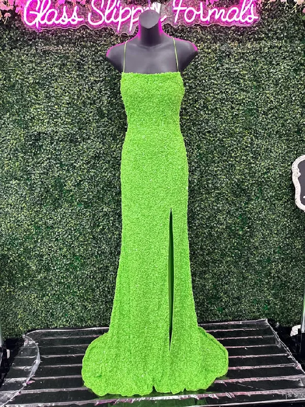 Premium Style Amarra 94282 Size 00 Neon Green Long Fitted Sequin Backless Corset Slit Prom Dress Scoop Neck Formal Pageant Gown