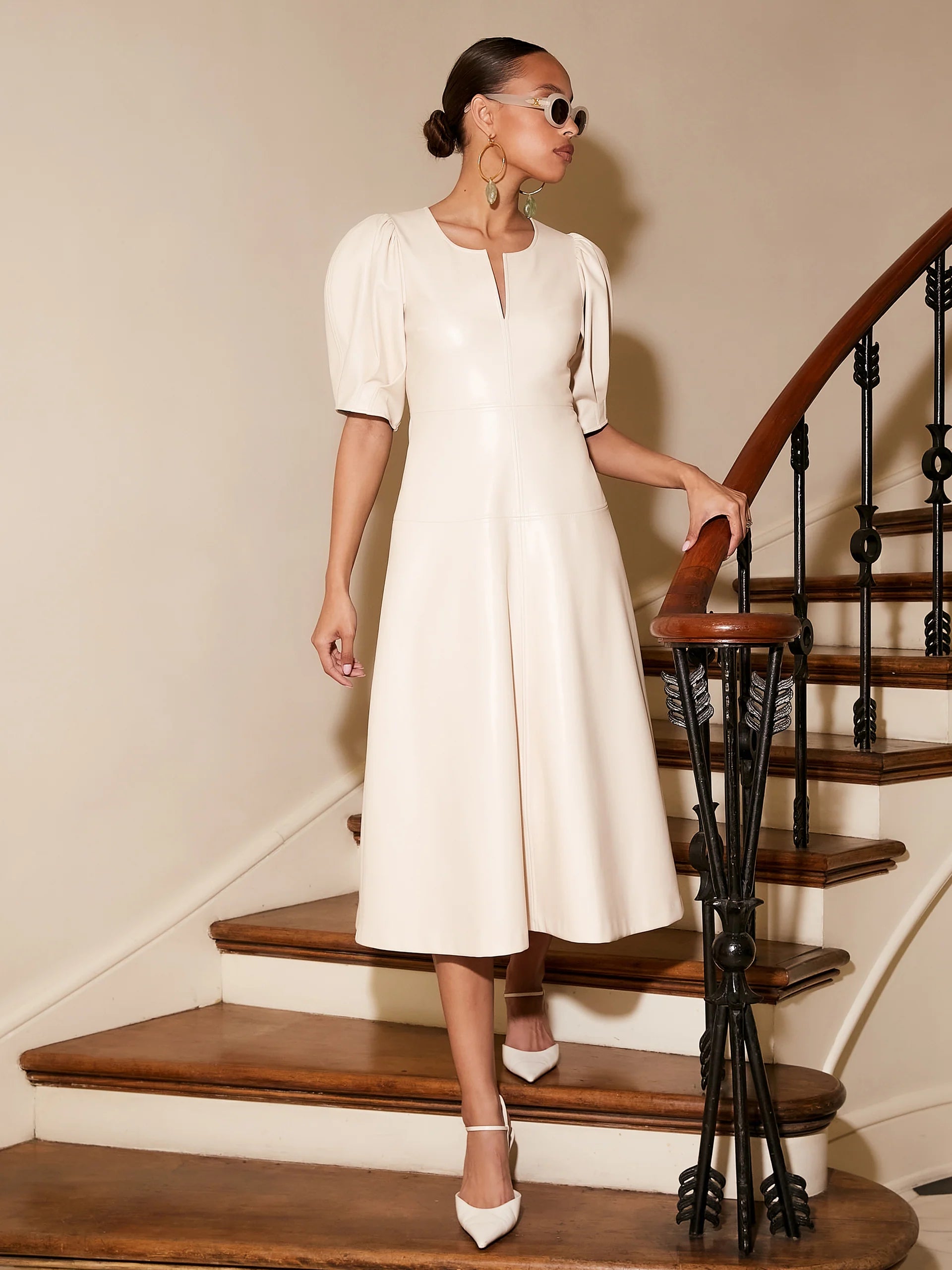 Season Transition Versatile Wear Clearance Sierra Faux Leather Midi Dress Ecru