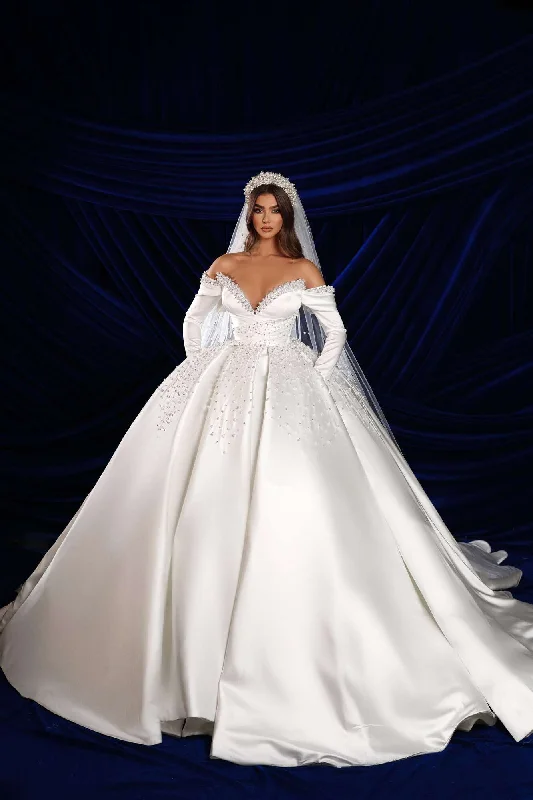 Lightweight Fabric Pearl Embroidered Ball Gown with Off Shoulder Sleeves