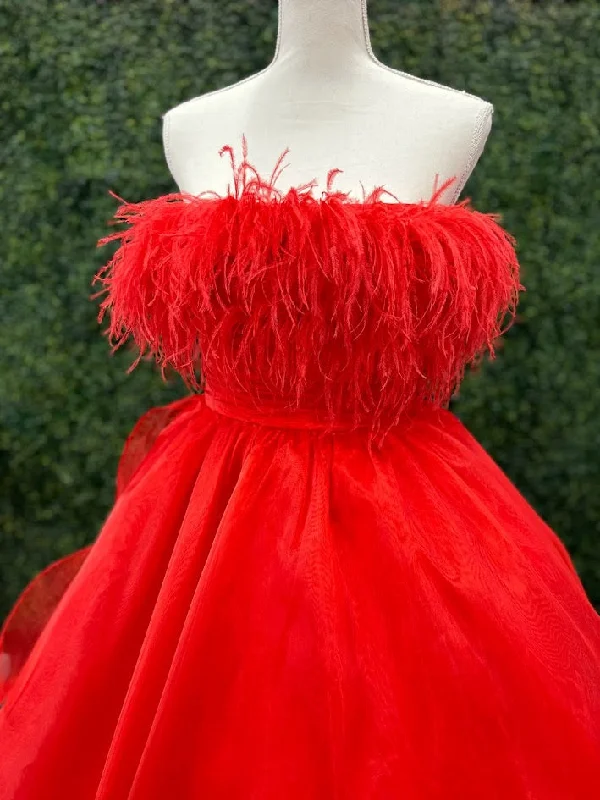 Style Without Limits Johnathan Kayne 2739 Size 4 RED strapless feather neckline evening dress long organza A line gown