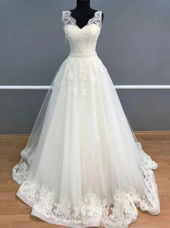 Trend Alert A Line V Neck Ivory Tulle Long Wedding Dresses with Appliques OW619