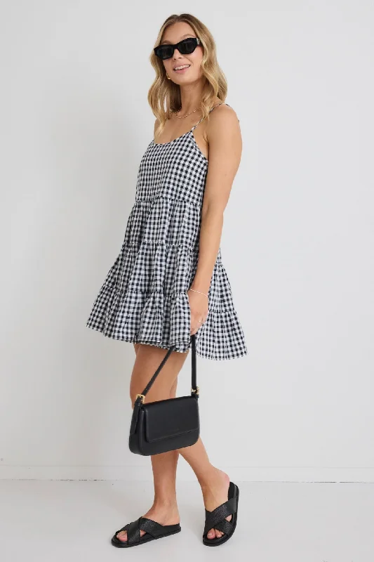 Trendy Street Style Memphis Black Gingham Strappy Tiered Mini Dress