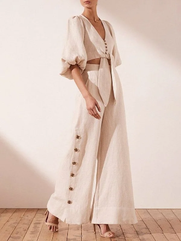 Feminine Grace Women's Fashion Lantern Sleeve Waist Wide Leg Jumpsuit