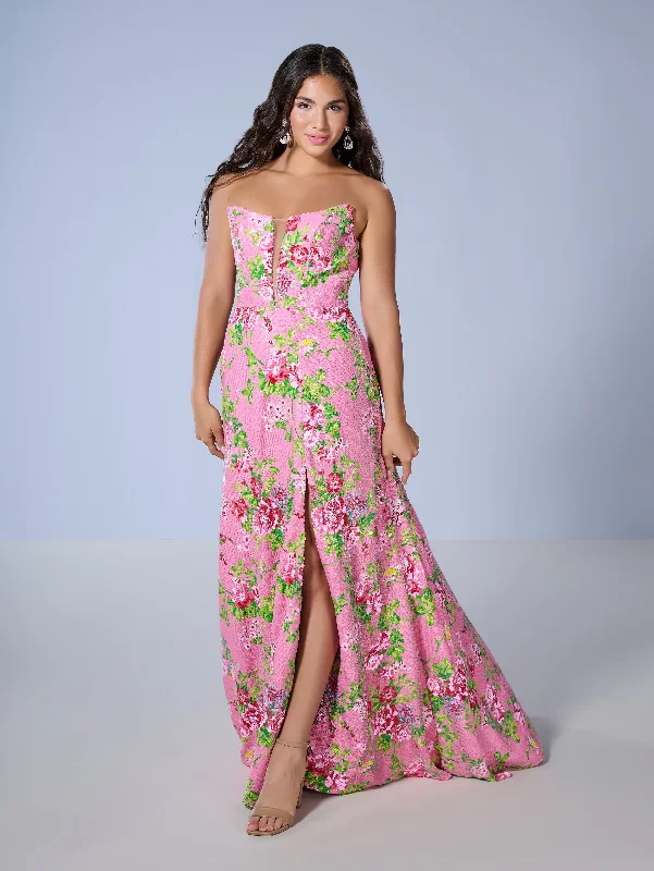 Exclusive Discounts Floral Print Strapless Slit Gown by Tiffany Designs 16143