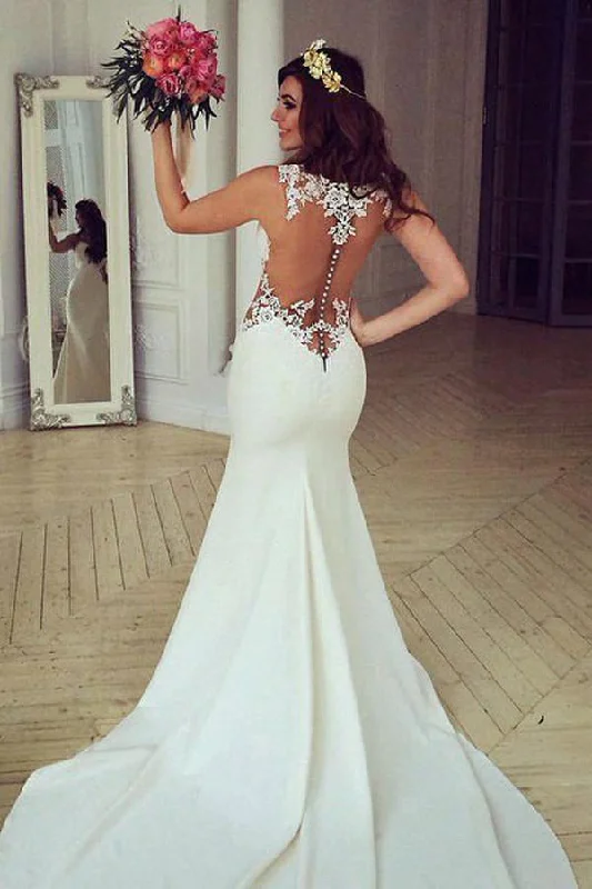 Limited Styles Stunning See-through Mermaid Sleeveless Lace Appliques Court Train Wedding Dresses N465 Limited Styles Stunning See-through Mermaid Sleeveless Lace Appliques Court Train Wedding Dresses N465