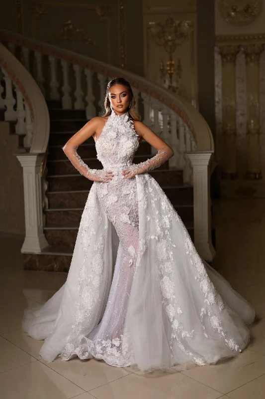 Feminine Soft - Hued Styles Halter Bridal Gown with Detachable Overskirt & Veil