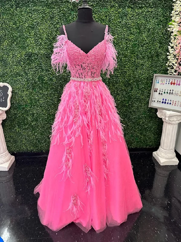 Timeless Elegant Ashley Lauren 11447 Size 4 Pink Long off the shoulder Feather Ball Gown Prom Dress Lace Corset Formal Timeless Elegant Ashley Lauren 11447 Size 4 Pink Long off the shoulder Feather Ball Gown Prom Dress Lace Corset Formal