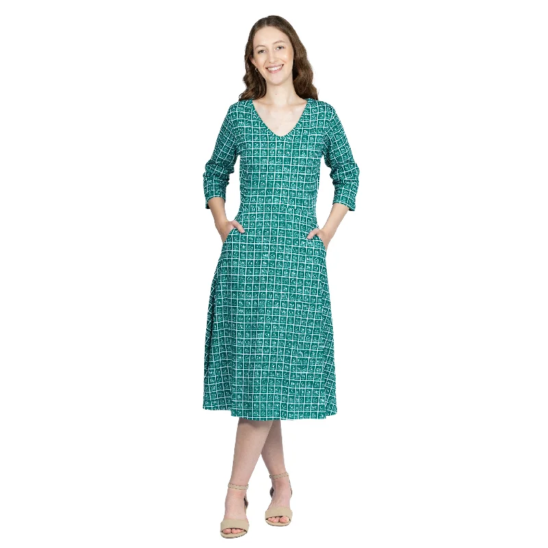 Coastal Beach - Inspired Style Periodic Table Alkaline-Earth Metals 3/4th Sleeves Midi Dress (With Waist Seam)