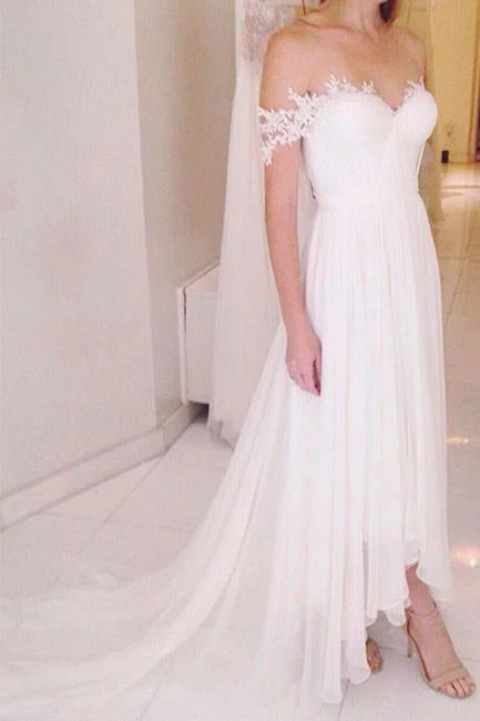 Chic Outfits A Line Off-the-shoulder Chiffon Beach Wedding Dresses with Sweep Train Bridal Dresses Chic Outfits A Line Off-the-shoulder Chiffon Beach Wedding Dresses with Sweep Train Bridal Dresses