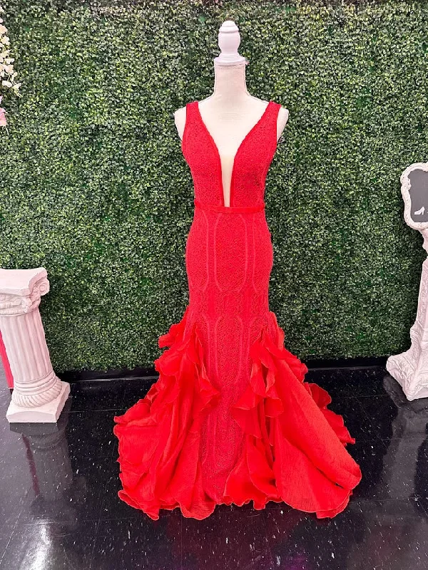 Seasonal Style Discounts Johnathan Kayne 2542 Size 4 Red Long Lace Ruffle Mermaid Prom Dress Pageant Gown V Neck Formal Seasonal Style Discounts Johnathan Kayne 2542 Size 4 Red Long Lace Ruffle Mermaid Prom Dress Pageant Gown V Neck Formal