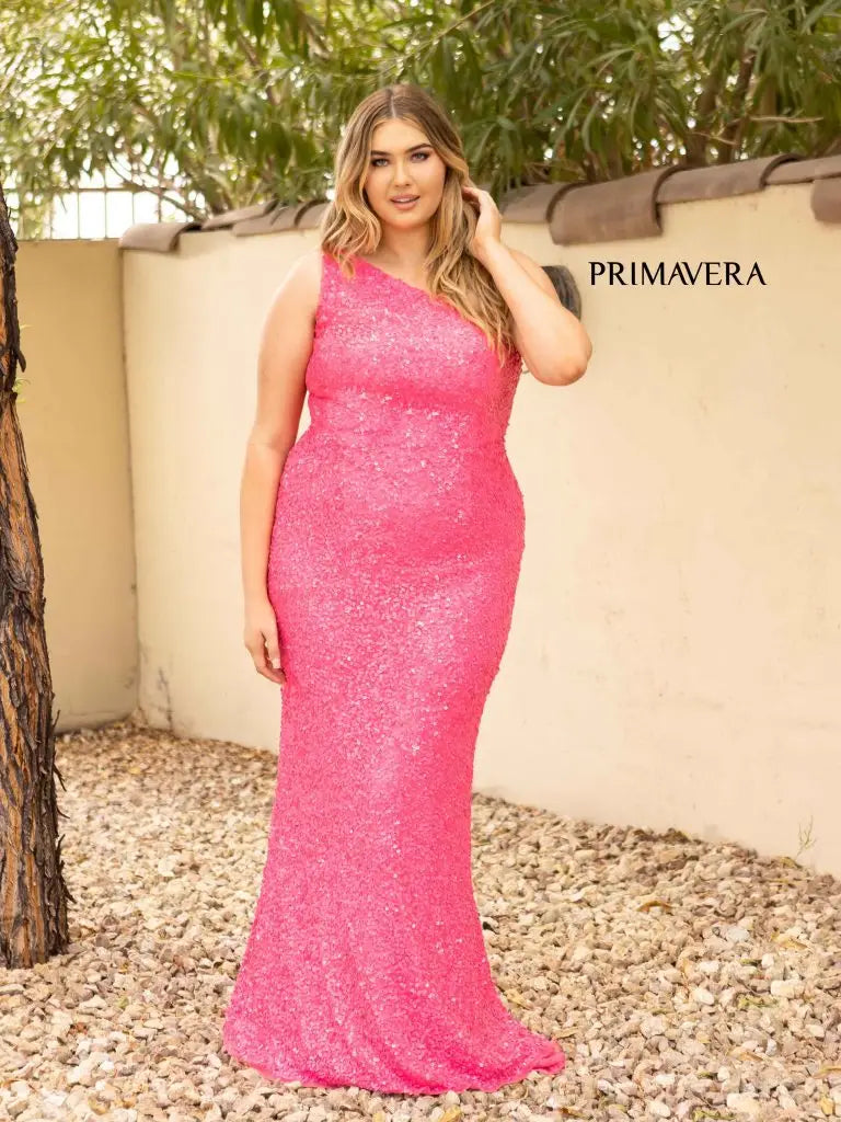 Last Chance Sale Primavera Couture 14004 Size 20 Neon Pink Long Fitted One Shoulder Sequin Plus Size Prom Dress Formal Gown Last Chance Sale Primavera Couture 14004 Size 20 Neon Pink Long Fitted One Shoulder Sequin Plus Size Prom Dress Formal Gown
