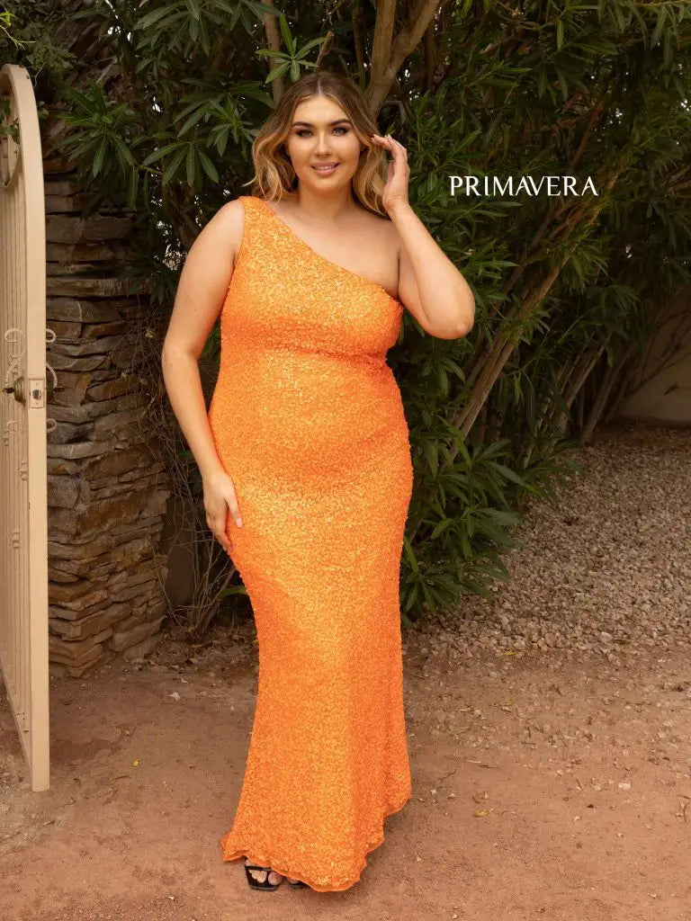 Clearance Event Primavera Couture 14004 Size 16 Orange Long Fitted One Shoulder Sequin Plus Size Prom Dress Formal Gown Clearance Event Primavera Couture 14004 Size 16 Orange Long Fitted One Shoulder Sequin Plus Size Prom Dress Formal Gown