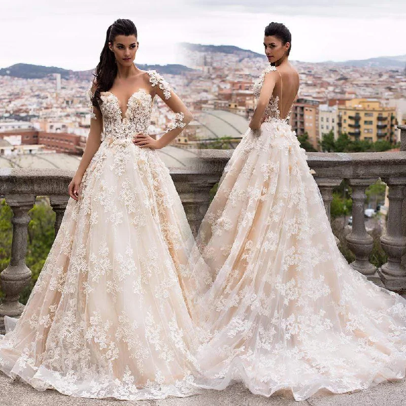 Boho - Chic Festival - Ready Style Roycebridal 3D Floral Appliques Lace Wedding Dresses Vintage Champagne Boho - Chic Festival - Ready Style Roycebridal 3D Floral Appliques Lace Wedding Dresses Vintage Champagne