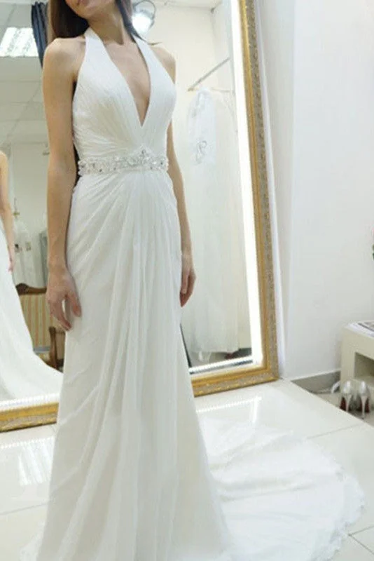 Quick Grab Deals A Line Halter Chiffon Backless Court Train Beach Wedding Dresses N124 Quick Grab Deals A Line Halter Chiffon Backless Court Train Beach Wedding Dresses N124