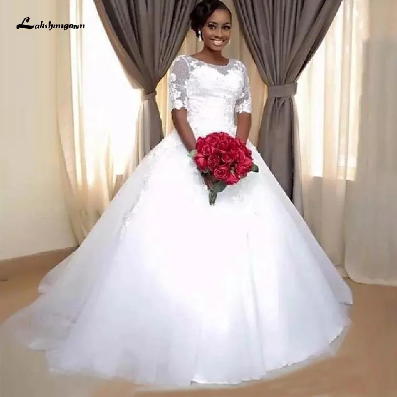 Limited Time Roycebridal African Wedding Dress Lace Up Back Half Sleeves