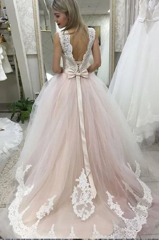 Romantic Flair Pale Pink Court Train Wedding Dresses with Lace Appliques Sleeveless Bridal Dresses N1129 Romantic Flair Pale Pink Court Train Wedding Dresses with Lace Appliques Sleeveless Bridal Dresses N1129