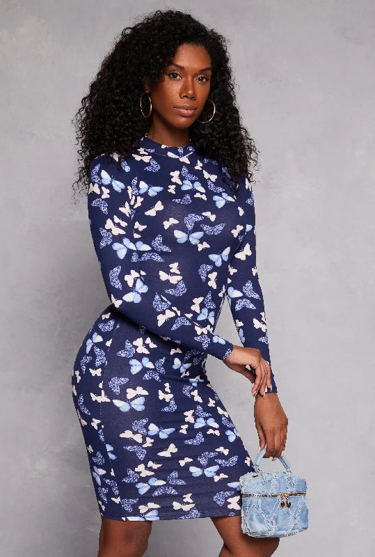 Trendy Street Style Patterned Long Sleeve Midi Dress