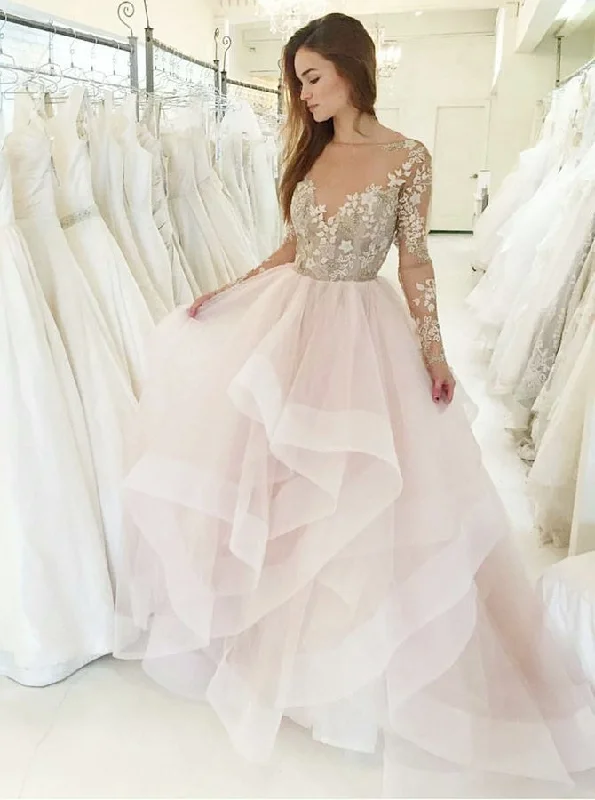 Limited Edition Princess Pink Bateau Long Sleeves Wedding Dress With Appliques OW598 Limited Edition Princess Pink Bateau Long Sleeves Wedding Dress With Appliques OW598